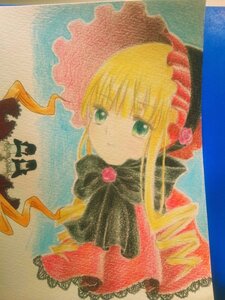 Rating: Safe Score: 0 Tags: 1girl bangs blonde_hair bonnet capelet dress flower frills green_eyes image long_hair looking_at_viewer marker_(medium) photo red_rose rose shinku sidelocks solo traditional_media upper_body User: admin