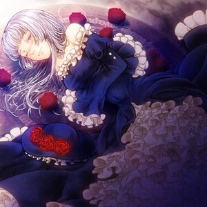 Rating: Safe Score: 0 Tags: 1girl auto_tagged dress flower frills hat hat_removed headwear_removed image long_hair lying on_side one_eye_closed purple_eyes red_flower red_rose rose solo suigintou User: admin