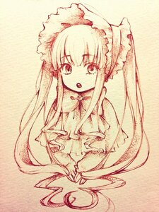 Rating: Safe Score: 0 Tags: 1girl bangs dress eyebrows_visible_through_hair frills image long_hair long_sleeves looking_at_viewer monochrome open_mouth shinku solo traditional_media twintails upper_body User: admin