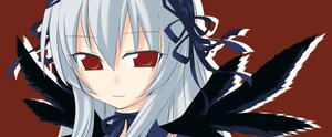 Rating: Safe Score: 0 Tags: 1girl bangs black_ribbon black_wings closed_mouth dress feathers flower image long_hair looking_at_viewer red_background red_eyes ribbon silver_hair simple_background solo suigintou wings User: admin