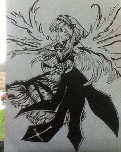 Rating: Safe Score: 0 Tags: 1girl dress greyscale hairband image long_hair long_sleeves monochrome solo suigintou traditional_media wings User: admin