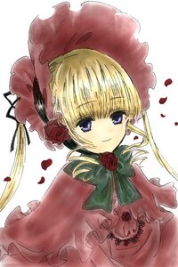 Rating: Safe Score: 0 Tags: 1girl blonde_hair blue_eyes bonnet bow bowtie capelet dress flower green_bow image long_hair long_sleeves looking_at_viewer petals red_flower red_rose rose rose_petals shinku smile solo twintails upper_body white_background User: admin