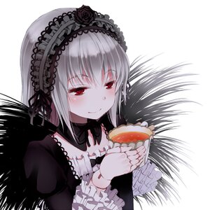 Rating: Safe Score: 0 Tags: 1girl black_dress black_ribbon blush closed_mouth dress eyebrows_visible_through_hair flower food frills hairband holding holding_food image juliet_sleeves lolita_fashion lolita_hairband long_hair long_sleeves red_eyes rose silver_hair simple_background smile solo suigintou white_background wings User: admin