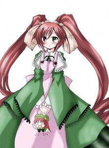 Rating: Safe Score: 0 Tags: 1girl blush dress frills green_dress green_eyes hat heterochromia image long_hair long_sleeves looking_at_viewer red_eyes simple_background solo suiseiseki twintails very_long_hair white_background User: admin