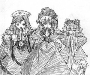 Rating: Safe Score: 0 Tags: 3girls bow dress greyscale hair_bow hat image long_hair long_sleeves looking_at_viewer monochrome mouth_hold multiple multiple_girls sketch tagme User: admin