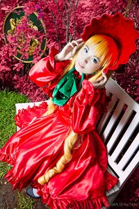 Rating: Safe Score: 0 Tags: 1girl bangs blonde_hair blue_eyes bonnet bow dress flower full_body green_neckwear long_sleeves looking_at_viewer red_dress shinku solo standing User: admin