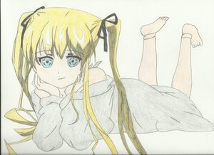 Rating: Safe Score: 0 Tags: 1girl auto_tagged barefoot black_ribbon blonde_hair blue_eyes chin_rest hair_ribbon image long_hair looking_at_viewer lying on_stomach photo ribbon shinku smile solo traditional_media twintails watercolor_(medium) User: admin