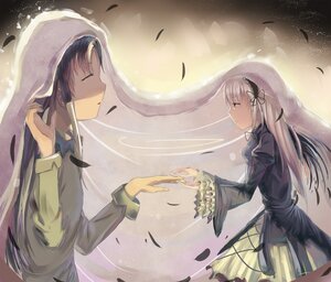 Rating: Safe Score: 0 Tags: 2girls bangs black_dress black_wings closed_eyes dress feathers flower hairband holding image juliet_sleeves kakizaki_megu long_hair long_sleeves multiple_girls profile ribbon silver_hair solo suigintou very_long_hair wings User: admin