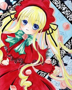 Rating: Safe Score: 0 Tags: 1girl auto_tagged blonde_hair blue_eyes blush bonnet bow bowtie capelet dress drill_hair flower green_bow image long_hair long_sleeves looking_at_viewer marker_(medium) pink_flower pink_rose red_capelet red_dress rose shinku solo traditional_media twin_drills twintails User: admin