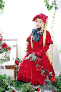 Rating: Safe Score: 0 Tags: 1girl blonde_hair blue_eyes bonnet capelet dress flower long_hair plant red_dress red_flower red_rose rose shinku solo User: admin