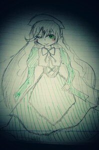 Rating: Safe Score: 0 Tags: 1girl ;) blush capelet dress green_eyes image long_sleeves looking_at_viewer monochrome one_eye_closed smile solo suiseiseki traditional_media User: admin