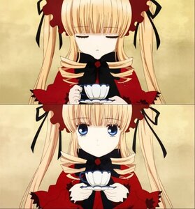 Rating: Safe Score: 0 Tags: bangs blonde_hair blue_eyes bow closed_eyes cup dress drill_hair hair_ribbon image long_hair long_sleeves looking_at_viewer multiple_girls red_dress ribbon shinku sidelocks solo teacup twin_drills twintails yellow_background User: admin