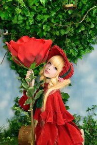 Rating: Safe Score: 0 Tags: 1girl blonde_hair blue_eyes bonnet bow dress flower long_hair looking_at_viewer nature plant red_dress rose shinku solo User: admin