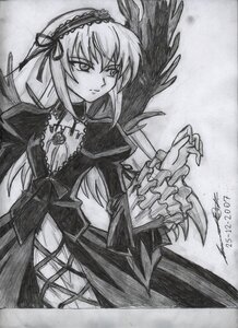 Rating: Safe Score: 0 Tags: 1girl auto_tagged black_wings dress frilled_sleeves frills greyscale hairband image long_hair long_sleeves looking_at_viewer monochrome ribbon rose signature simple_background solo suigintou traditional_media very_long_hair wings User: admin