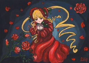 Rating: Safe Score: 0 Tags: 1girl artist_name blonde_hair blue_eyes bonnet capelet dress flower image long_hair long_sleeves petals red_dress red_flower red_rose rose rose_petals shinku solo traditional_media User: admin