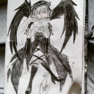 Rating: Safe Score: 0 Tags: 1girl black_wings dress feathers frills hairband image lolita_hairband long_hair long_sleeves looking_at_viewer monochrome photo red_eyes solo suigintou traditional_media wings User: admin