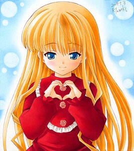 Rating: Safe Score: 0 Tags: 1girl artist_name bangs blonde_hair blue_eyes closed_mouth dated dress eyebrows_visible_through_hair flower heart heart_hands image light_smile long_hair long_sleeves looking_at_viewer marker_(medium) red_dress shinku signature smile solo traditional_media upper_body very_long_hair User: admin