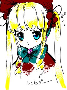 Rating: Safe Score: 0 Tags: 1girl bangs blonde_hair blue_eyes bonnet bow bowtie dress flower image long_hair looking_at_viewer rose shinku sidelocks simple_background solo white_background User: admin