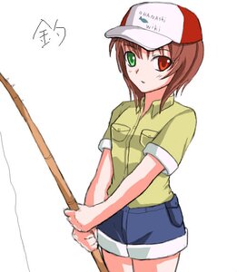 Rating: Safe Score: 0 Tags: 1girl brown_hair cowboy_shot green_eyes hat heterochromia image looking_at_viewer red_eyes shirt short_hair short_sleeves skirt solo souseiseki standing striped white_background User: admin