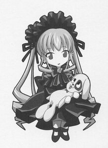 Rating: Safe Score: 0 Tags: 1girl bonnet bow bowtie dress full_body greyscale image long_hair long_sleeves looking_at_viewer monochrome open_mouth shinku simple_background sitting solo striped stuffed_animal twintails very_long_hair User: admin