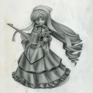Rating: Safe Score: 0 Tags: 1girl dress drill_hair full_body greyscale hat holding image instrument long_hair long_sleeves monochrome neck_ribbon playing_instrument solo suiseiseki traditional_media twin_drills very_long_hair User: admin