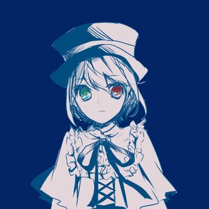 Rating: Safe Score: 0 Tags: 1girl blue_background blue_theme capelet closed_mouth eyebrows_visible_through_hair frills green_eyes hat heterochromia image looking_at_viewer monochrome neck_ribbon red_eyes ribbon short_hair simple_background solo souseiseki spot_color upper_body User: admin