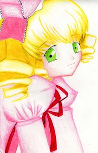 Rating: Safe Score: 0 Tags: 1girl blonde_hair bow dress drill_hair green_eyes hat hina_ichigo hinaichigo image looking_at_viewer marker_(medium) pink_bow simple_background smile solo traditional_media User: admin