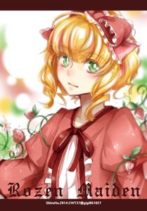 Rating: Safe Score: 0 Tags: 1girl blonde_hair blurry blush bow depth_of_field flower green_eyes hair_bow hina_ichigo hinaichigo image letterboxed looking_at_viewer plant ribbon short_hair solo upper_body User: admin