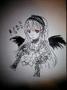 Rating: Safe Score: 0 Tags: 1girl bangs black_wings closed_mouth dress eyebrows_visible_through_hair feathered_wings feathers flower frills hairband image long_hair looking_at_viewer monochrome photo red_eyes solo spot_color suigintou traditional_media wings User: admin