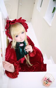 Rating: Safe Score: 0 Tags: 1girl bangs blonde_hair blue_eyes bonnet closed_mouth cup curtains dress flower long_hair long_sleeves looking_at_viewer photo red_dress rose shinku sitting solo teacup User: admin