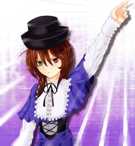 Rating: Safe Score: 0 Tags: 1girl blue_dress brown_hair dress frills green_eyes hat heterochromia image long_sleeves looking_at_viewer red_eyes ribbon solo souseiseki suiseiseki User: admin