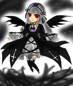 Rating: Safe Score: 0 Tags: 1girl black_dress black_wings dress flower frilled_sleeves frills full_body hairband image long_hair long_sleeves looking_at_viewer red_eyes rose silver_hair solo suigintou wings User: admin