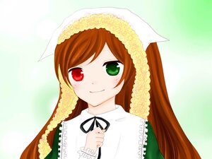 Rating: Safe Score: 0 Tags: 1girl black_ribbon blush brown_hair dress frills green_background green_eyes head_scarf heterochromia image long_hair long_sleeves looking_at_viewer red_eyes ribbon smile solo suiseiseki upper_body User: admin