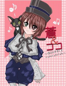Rating: Safe Score: 0 Tags: 1girl ? blush brown_hair capelet cat green_eyes hat heterochromia image long_sleeves musical_note plaid_background short_hair solo souseiseki User: admin