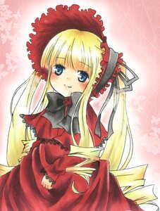 Rating: Safe Score: 0 Tags: 1girl blonde_hair blue_eyes blush bonnet bow bowtie cowboy_shot dress drill_hair image long_hair long_sleeves looking_at_viewer pink_background red_dress shinku sidelocks smile solo twin_drills twintails very_long_hair User: admin