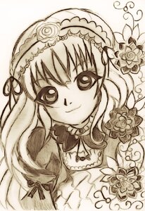 Rating: Safe Score: 0 Tags: 1girl closed_mouth flower frills hairband image lolita_hairband long_hair looking_at_viewer monochrome rose simple_background smile solo suigintou traditional_media upper_body white_background User: admin