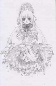 Rating: Safe Score: 0 Tags: 1girl bonnet dress flower frills greyscale image long_hair looking_at_viewer monochrome rose shinku solo suigintou traditional_media wings User: admin