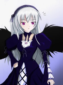 Rating: Safe Score: 0 Tags: 1girl black_wings cowboy_shot detached_collar dress frills hairband image juliet_sleeves long_hair long_sleeves looking_at_viewer pink_eyes puffy_sleeves silver_hair simple_background solo suigintou wings User: admin