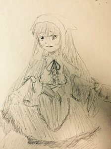 Rating: Safe Score: 0 Tags: 1girl dress frills image long_hair long_sleeves looking_at_viewer monochrome ribbon simple_background sketch solo suiseiseki User: admin