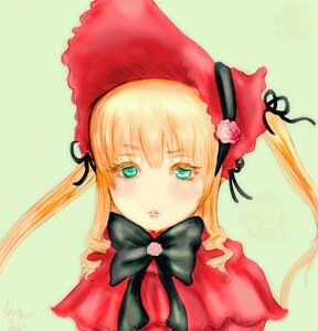 Rating: Safe Score: 0 Tags: 1girl bangs blonde_hair blue_eyes bonnet bow bowtie flower green_background hat image long_hair long_sleeves looking_at_viewer pink_flower pink_rose portrait rose shinku simple_background solo traditional_media upper_body User: admin