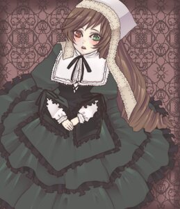 Rating: Safe Score: 0 Tags: 1girl blush brown_hair dress drill_hair frills green_dress green_eyes hat heterochromia image long_hair long_sleeves looking_at_viewer open_mouth red_eyes solo suiseiseki very_long_hair User: admin