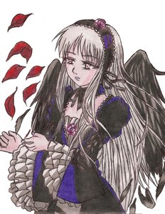 Rating: Safe Score: 0 Tags: 1girl black_wings blush detached_collar dress feathered_wings feathers flower frilled_sleeves frills hairband image long_hair long_sleeves petals pink_eyes silver_hair simple_background solo suigintou traditional_media white_background wings User: admin