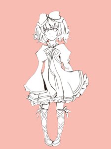 Rating: Safe Score: 0 Tags: 1girl bow cross-laced_footwear dress frills full_body hinaichigo image leg_ribbon long_sleeves monochrome red_background ribbon short_hair simple_background solo standing User: admin