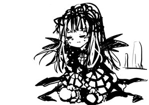 Rating: Safe Score: 0 Tags: 1girl bangs blush closed_mouth crying dress greyscale image long_hair long_sleeves monochrome sitting solo striped suigintou tears vertical_stripes white_background wings User: admin