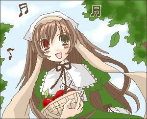 Rating: Safe Score: 0 Tags: 1girl :d blush brown_hair day dress food fruit green_dress green_eyes head_scarf heterochromia image long_hair long_sleeves looking_at_viewer open_mouth outdoors red_eyes sky smile solo suiseiseki tree very_long_hair watering_can User: admin