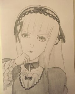 Rating: Safe Score: 0 Tags: 1girl bangs choker closed_mouth dress frills hairband image long_hair long_sleeves looking_at_viewer monochrome ribbon sepia simple_background solo suigintou traditional_media upper_body User: admin