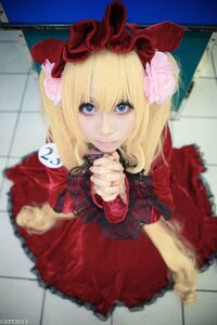 Rating: Safe Score: 0 Tags: 1girl blonde_hair blue_eyes blurry blurry_foreground bow capelet chain-link_fence depth_of_field dress fence flower hair_bow long_sleeves looking_at_viewer photo realistic red_dress shinku smile solo tile_floor tiles User: admin