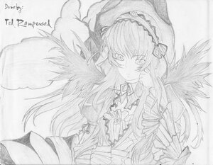 Rating: Safe Score: 0 Tags: 1girl black_wings dress feathered_wings frills greyscale hairband image lolita_hairband long_hair long_sleeves looking_at_viewer monochrome ribbon simple_background solo suigintou upper_body wings User: admin