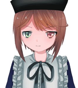 Rating: Safe Score: 0 Tags: 1girl apron bangs black_headwear black_ribbon brown_eyes brown_hair closed_mouth eyebrows_visible_through_hair frills green_eyes hat image looking_at_viewer ribbon short_hair simple_background solo souseiseki striped upper_body white_background User: admin