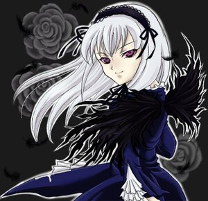 Rating: Safe Score: 0 Tags: 1girl black_wings dress feathers flower frills hairband image lolita_hairband long_hair long_sleeves looking_at_viewer pink_eyes rose silver_hair smile solo suigintou wings User: admin